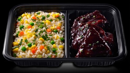 Prepared meal in black plastic containers.  Rice and glazed meat