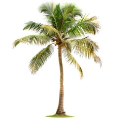 Isolated palm tree against white background. Lush green fronds radiate from a tall, light brown trunk