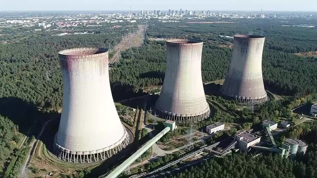 Poland Industrial Landscape Aerial: Bełchat&oacute;w Coal Plant Hyperboloids, Forest Conveyors, Power Lines to Ł&oacute;dź