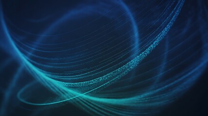 Abstract blue and teal glowing energy streams with particles and swirling lines on dark background
