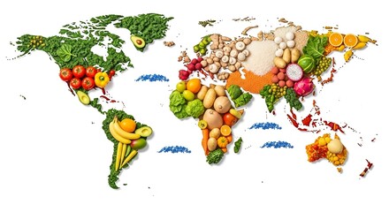 Global map made from colorful fruits and vegetables showcasing diversity in agriculture and cuisine...