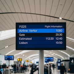 Airport flight information display shows details for flight FI225.