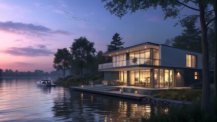 Fototapeta premium Beautiful modern farmhouse style luxury home exterior at twilight.