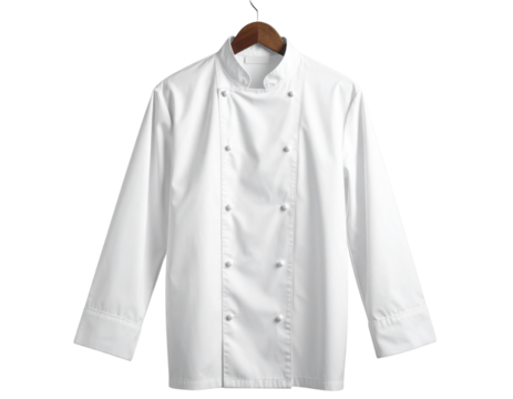  Chef’s Jacket on Invisible Hanger, slightly open collar, front view, isolated transparent background PNG