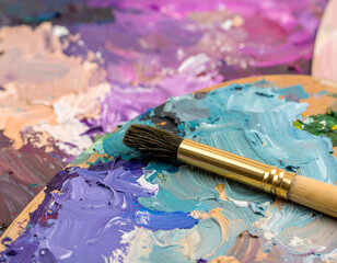 Obraz premium Close-Up of Paintbrush on Colorful Artist's Palette