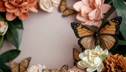 モナーク蝶と秋の花のコンポジション