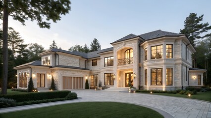 Obraz premium Beautiful modern farmhouse style luxury home exterior at twilight. generative ai.