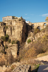 Neoclassical bridge next to a rocky ravine in the city of Ronda with trees and dry vegetation in the foreground in autumn