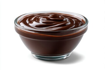 Rich chocolate pudding in a glass bowl isolated on white background