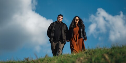 Young hispanic couple walking on grass hill under clear blue sky