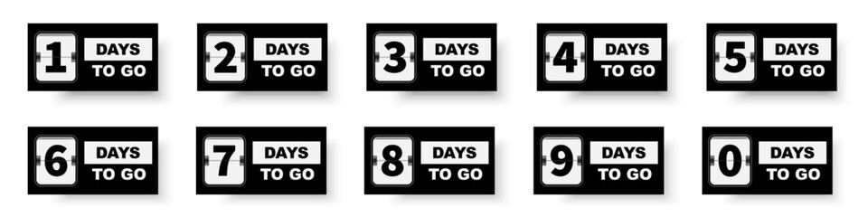 Days to go countdown collection. Flip board style countdown numbers from 0 to 9 with “Days To Go” text. Ideal for event promotion, launches, or deadlines