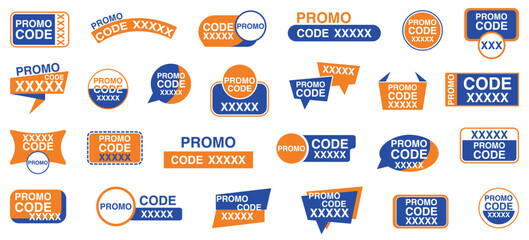promo code and discount label set, blue and orange banners, tags and stickers for ecommerce, retail and special offer marketing promotions