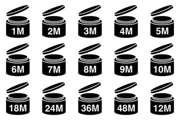 PAO period after opening cosmetic jar icons, expiration month labels for beauty and skincare packaging, monochrome open lid symbols with 6M to 48M