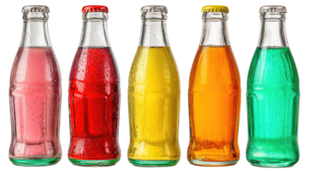 Five colorful soda bottles in a row