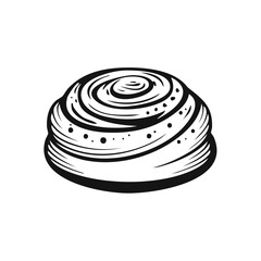 Hand drawn cinnamon roll pastry with a swirl top black and white illustration