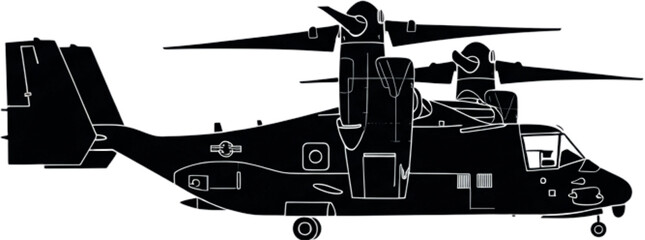 Bold Black Silhouette of V-22 Osprey Tiltrotor – Military Aircraft Vector Design