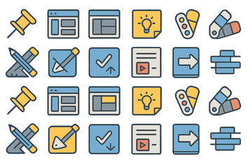 Collection of colorful vector icons depicting various design and editing tools in a creative workspace