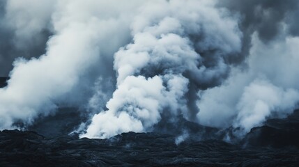 Volcanic smoke billows over dark lava fields.