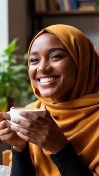 Portr&auml;t einer lachenden jungen afrikanischen Frau im senffarbenen Hijab
