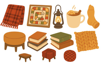 Cozy indoor setting featuring warm blankets, games, and drinks for a relaxing evening at home