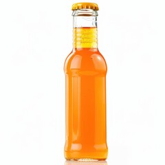 A clear glass bottle, filled with an orange-colored liquid, is shown against a white background. The bottle has a slightly tapered shape, with a ribbed texture around the middle.