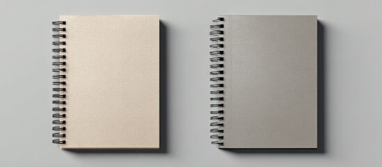 Two spiral-bound notebooks, light beige and gray, lie flat on a gray surface