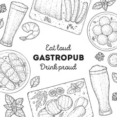 Gastropub menu. Pub food and beer. Hand drawn vector illustration. Food and drink sketch. Top view. Hand drawn food collection for gastropub or pub menu design. Beer,