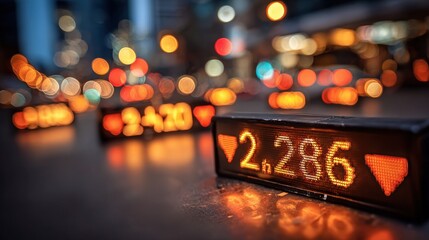 Close up on stock market ticker displaying downward trending price bokeh effect background shows street lights at night