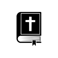 Obraz premium Black and white illustration of a Holy Bible with a Christian cross on the cover and a bookmark
