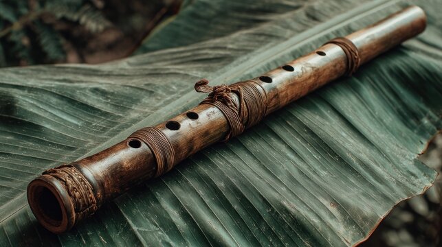 Wooden flute on large leaf