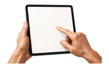 Hands holding and tapping on a blank screen tablet device on transparent background.