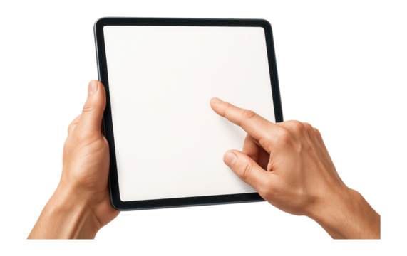 Hands holding and tapping on a blank screen tablet device on transparent background.