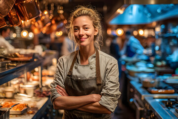 Obraz premium Restaurant kitchen. Female chef standing with crossed arms in kitchen, wearing white apron and smiling looking to camera
