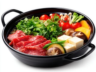 Japanese sukiyaki hot pot dish with beef and vegetables isolated on white background