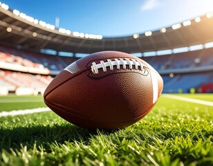 A close-up view of a football on a vibrant green field under a clear blue sky, ready for the game.