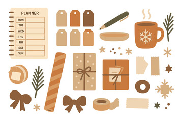 Organizing festive gifts with planner, wrapping supplies, and warm drink in cozy atmosphere during winter season