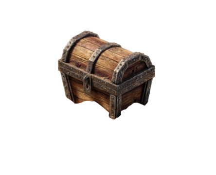 Wooden treasure chest with iron bands.  Dark brown wood, slightly arched lid.  Simple metal lock