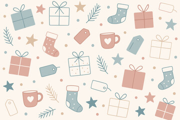 Festive holiday pattern featuring gifts, stockings, and cheerful decorations in warm pastel colors