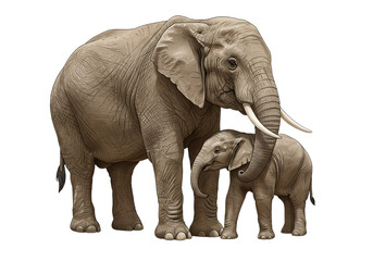 Obraz premium Detailed illustration of an adult elephant and a baby elephant, isolated on white or transparent background. PNG, for wildlife, nature, and family themes