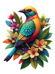 Obraz premium Colorful Tropical Bird with Blossoms Vibrant Digital Art Illustration.