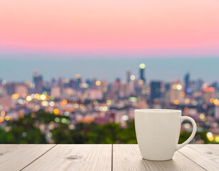 White Coffee Cup on Wooden Table with Blurred City Lights at Sunset