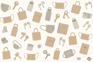 Everyday essentials scattered across a light background with various items such as bags, planners, and accessories