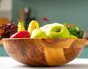 Wooden Bowl of Fresh Fruit and Vegetables