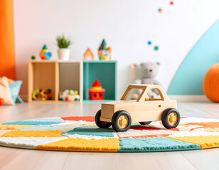 Wooden Toy Car on Colorful Rug in Child's Playroom