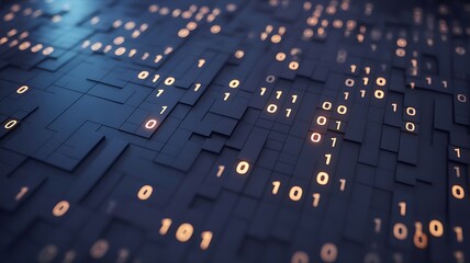 Abstract digital binary code data background with glowing orange numbers on dark surface