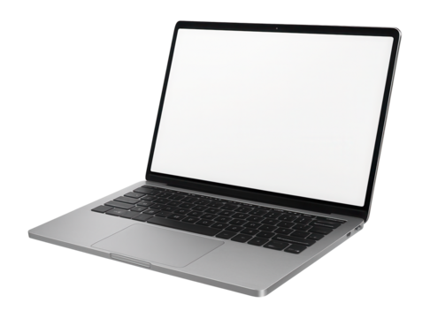 Sleek silver laptop with a blank screen and black keyboard shown from a side angle on transparent background.