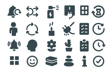 Collection of various icons representing time management, reminders, energy, and organization activities in a simple design