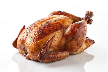Golden brown roasted whole chicken isolated on white background