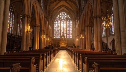 Fototapeta premium Grand Interior Of A Historic Church With Stained Glass Windows And Warm Light