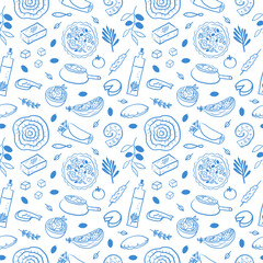 Greek cuisine seamless pattern. Repeating background with olive branch, seafood, spanakopita, meat, hummus, feta cheese, olive oil, cheese pie Snail, herbs. Design textured rapport for wrapping